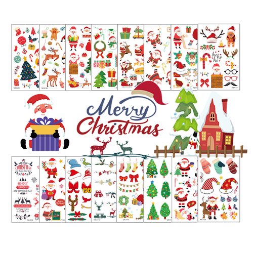 TopFunny Christmas Temporary Tattoos for Kids, 16 Sheets Santa Claus Tattoo Stickers Christmas Fake Tattoo Face Snowman Makeup Decals Gifts for Christmas Party Decorations Supplies