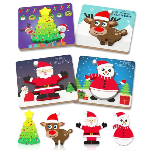 Benresive Christmas Wooden Toddler Puzzles Ages 1-3, Montessori Toys for 1 2 Year Old Boys Girls, 4 Pack Christmas Toddler Toys Birthday Gifts for 1 2 Year Old Boys Girls, Learning Educational Toys