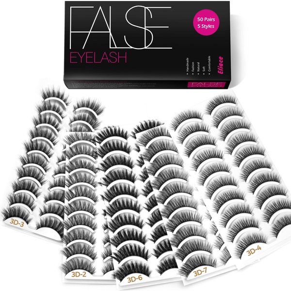 Eliace Eyelashes, 50 Pairs 5 Styles Faux Mink Lashes Natural Look Wispy Fluffy Handmade Cat Eye lashes Pack False Eyelashes Set, Comfortable & Lightweight Fake Lashes Strips,Makeup Fake Eyelashes Pack