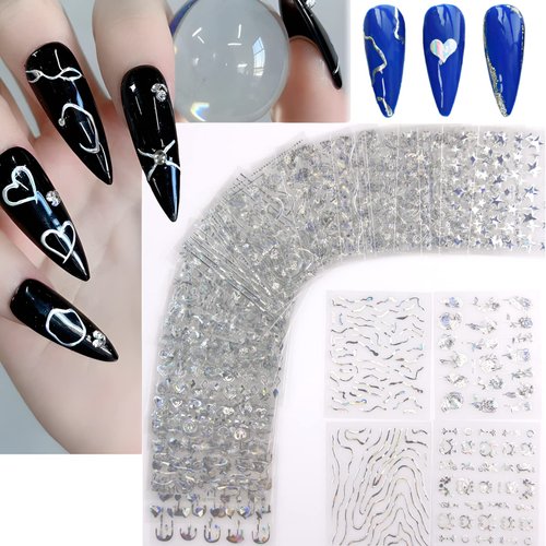 30 Sheets Silver Nail Art Stickers Decals 3D Self-Adhesive Flower Nail Supplies for Acrylic Nails Laser Line Lace Leaf Nail Stickers for Nail Art Glitter DIY Design Nail Decals for Women