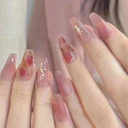 Hkanlre Pink Press on Nails Tips Medium Jelly Fake Nails Coffin Full Cover Ballerina Rose False Nails for Women and Girls 24PCS