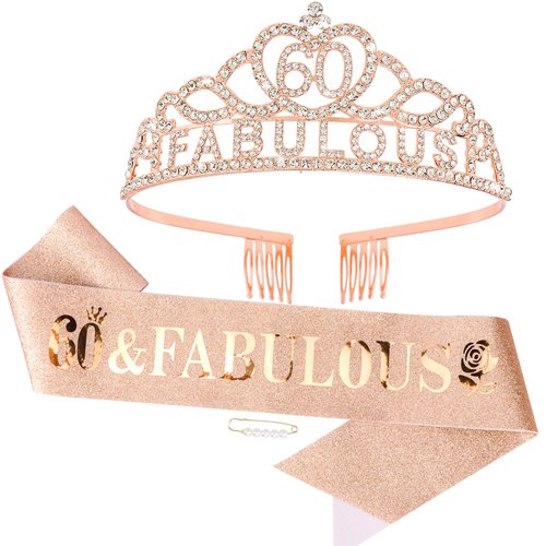 Vovii 60th Birthday Crown and Sash for Women, Rose Gold 60th Birthday Decorations “60 & Fabulous” Birthday Tiara for Her 60th Birthday Decor Dress Outfit for Women, Happy 60th Birthday