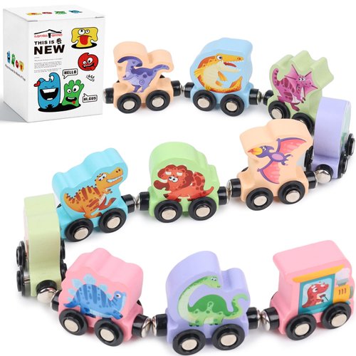 LovesTown 11PCS Dinosaur Wooden Magnetic Train Set, Montessori Toys for Toddlers Toys for Preschool Learning Activities Kids Birthday Gifts
