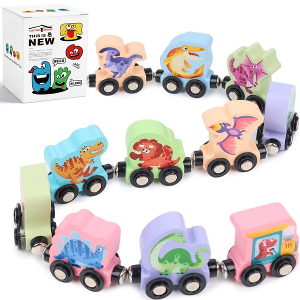 LovesTown 11PCS Dinosaur Wooden Magnetic Train Set, Montessori Toys for Toddlers Toys for Preschool Learning Activities Kids Birthday Gifts
