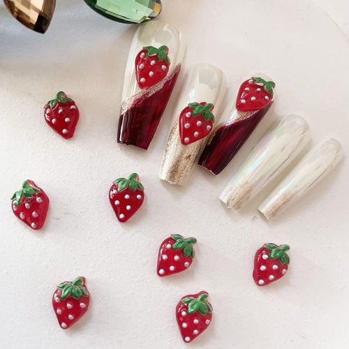 50Pcs Red Nail Charms Accessories Cute Strawberry for Spring Summer Season Manicure Decoration Kawaii Nail Art Rhinestones Fruit Gems for Women's Beauty and Personal Care