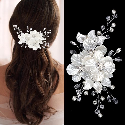 Chanaco Bridal Wedding Hair Accessories Flower Hair Clips Wedding Hair Pieces for Brides Non Slip Silver Pearl Rhinestones Crystal Fancy Barrettes Hair Accessory Hair Decorations for Women Bridesmaid
