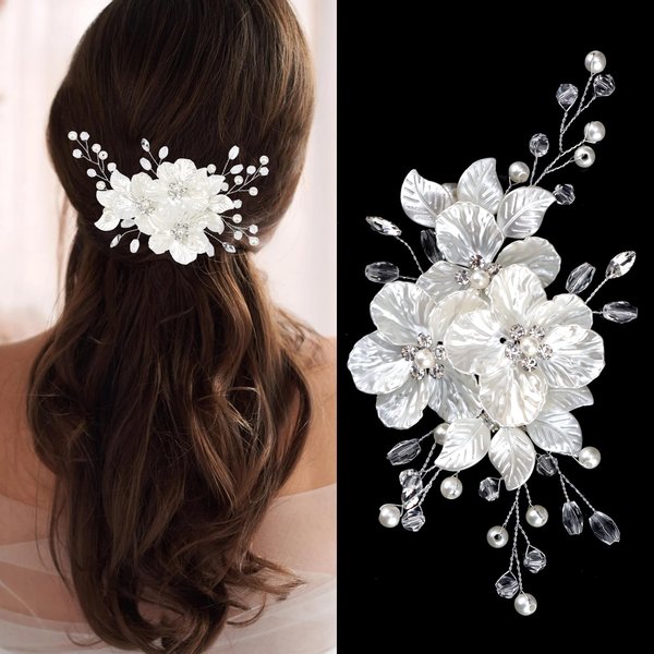 Chanaco Bridal Wedding Hair Accessories Flower Hair Clips Wedding Hair Pieces for Brides Non Slip Silver Pearl Rhinestones Crystal Fancy Barrettes Hair Accessory Hair Decorations for Women Bridesmaid