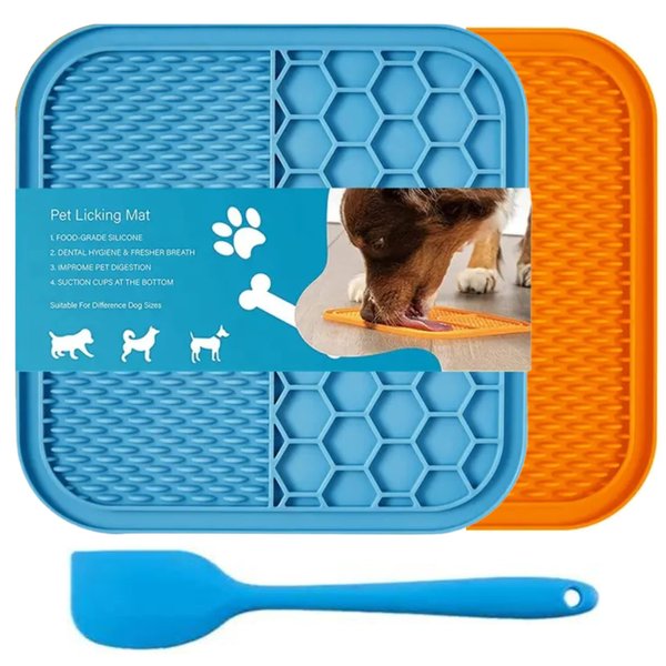 Lick Mat for Dog and Cat, 2 Pack with Suction and Spatula, Anxiety and Boredom Relief, Great for Peanut Butter blue, orange