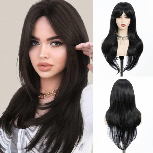 REBECCA STYLE Body Wave Wig with Bangs 26 Inch Long Black Wavy Wigs for Women Curly Synthetic Wig...