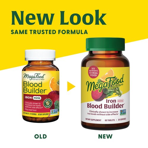 MegaFood Blood Builder Minis - Iron Supplement Clinically Shown to Increase Iron Levels Without Side Effects - Iron with Vitamin C, Vitamin B12 & Folic Acid - Vegan - 60 Tablets (30 Servings)