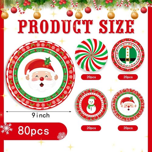 AIBIIN 80 pcs Christmas Paper Plates 9 Inch Christmas Disposable Plates Santa Christmas Party Decorations Plates Christmas Dinnerware Set Xmas Christmas Dinner Plates Holiday Party Supplies