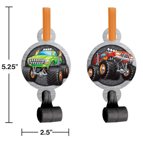 Creative Converting Monster Truck Party Blowers, 8 ct, 2.5" x 5.25", Multi-colored