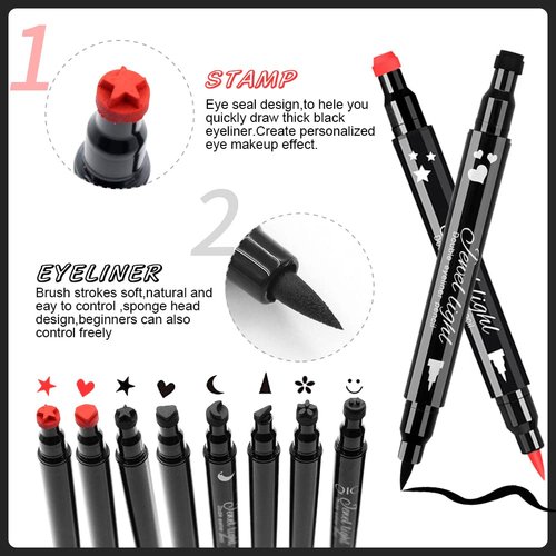 10 Pack Liquid Eyeliner Stamp Set with 8Pcs Eyeliner Stamp and 2Pcs Eyebrow Pencil, Waterproof Smudgeproof Eyeliner Long Lasting Eyeliner Pen (Heart/Flower/Moon/Star/Smiley /Triangle Seal Stamp)