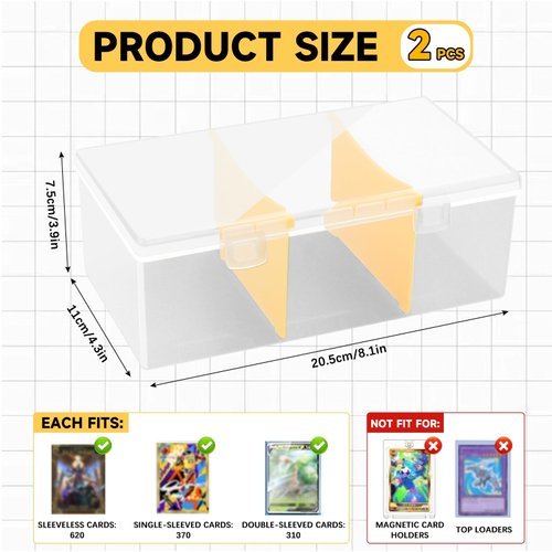 REAQUE 2Pcs Plastic Trading Card Storage Box, Holds 1200+ Unsleeved Cards with 2 Dividers, Organizer for MTG, PTCG, YGO, CCG, and Sports Card Collections