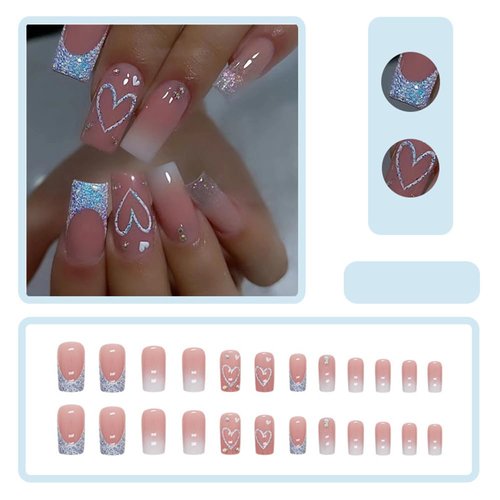 Square Press on Nails Medium Length - French Tip Press on Nails Heart Deign, Glossy Pink Fake Nails with Adhesive Glue Stickers, Reusable Stick on Nails in 12 Sizes, 24Pcs Valentine’s Day French Nails