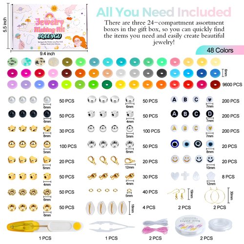 JQEEYGV Bracelet Making Kit 3 Boxes - 11,000pcs Clay Beads - 48 Fashion Colors Beads for Friendship Bracelet Kit - Polymer Heishi Letter Beads for Jewelry Making - Adults Teen Girls Trendy Gift