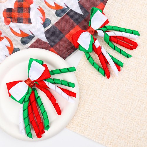 Christmas Hair Bow Clips for Girls and Women 3 Inch Curly Ribbon Hair Clips Red White Green Korker Curly Alligator Barrette Xmas Bowknot Handmade Cheer Hair Accessories for Christmas Party 2Packs