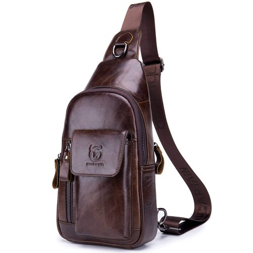 BULLCAPTAIN Mens Leather Crossbody Bag Shoulder Sling Bag Casual Daypacks Chest Bags for Travel Hiking Backpacks (Coffee)