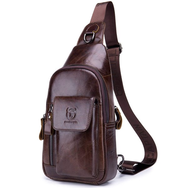 BULLCAPTAIN Mens Leather Crossbody Bag Shoulder Sling Bag Casual Daypacks Chest Bags for Travel Hiking Backpacks (Coffee)