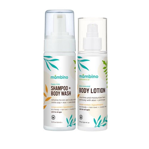 Mambino Organics Happy Time Bath Set - Happy Time Shampoo & Body Wash & Daily Essential Lotion – Cruelty-Free & Vegan Bath Products