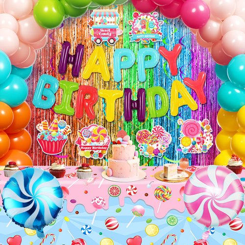 Candyland Birthday Party Decorations Sweet Candy Christmas Birthday Balloon Garland Kit Pastel Happy Birthday Banner Backdrop Tablecloth Hanging Swirls Rainbow Lollipop Party for Girl Kid Boy Supplies