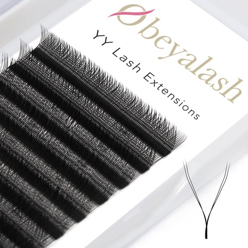 OBEYA YY Lashes Extensions 2D Premade Fans Eyelash Extensions Weave YY Shaped Tips Volume Lash Extensions, Quick Easy Application, Full Fluffy Volume Look, Long Lasting C Curl 0.07mm 8-14mm Mix Tray