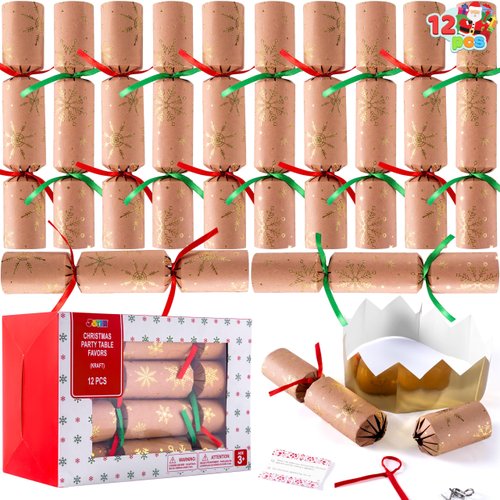 JOYIN 12 Pack Christmas Non-Snap Party Favor, Kraft Snowflake Party Table Favor Includes Party Hat, Jokes & Gifts, Xmas Gifts Prizes for Christmas Holiday Dinner Traditions Party Supplies