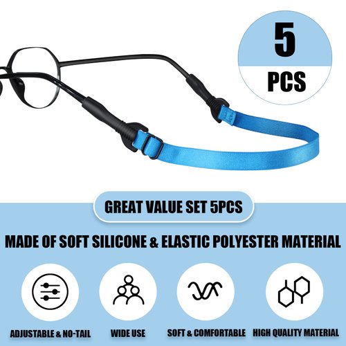 ANYGIFT Glasses Strap,5PCS Eyeglasses Strap Adjustable Sunglasses Strap for Men Women, Anti-Slip Kids Glasses Strap Sports Eye Glasses Holder Straps(8.7-22inch, Black/Deep Blue/Green/Blue/Light Blue)