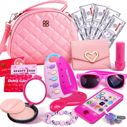Graceduck Little Girls Purse with Play Makeup Kit, Kids Pretend Play Handbag Wallet Sunglasses Keys Credit Card with Pink Cosmetics Accessories Toddler Princess Birthday Gift Age 3 4 5 6 7 8 Year Old