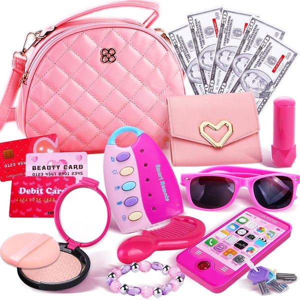 Graceduck Little Girls Purse with Play Makeup Kit, Kids Pretend Play Handbag Wallet Sunglasses Keys Credit Card with Pink Cosmetics Accessories Toddler Princess Birthday Gift Age 3 4 5 6 7 8 Year Old