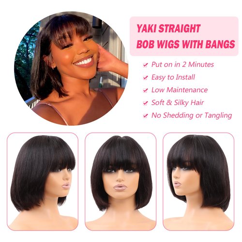 Short Black Human Hair Bob Wigs With Bangs 10 Inch Light Yaki Straight Realistic Scalp Glueless Non Lace Front Wig For Women Blunt Cut Bob Wigs 180% Density (NATURAL BLACK, 10INCH)