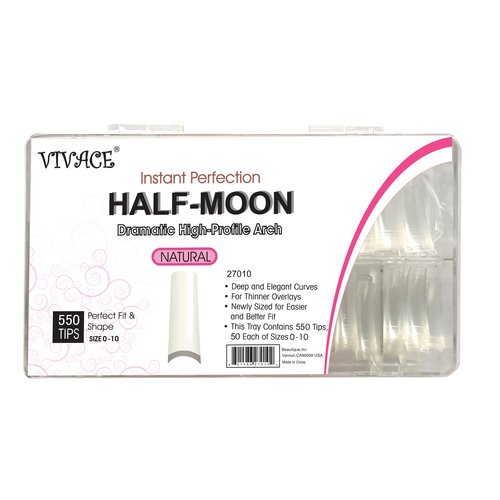 VIVACE Natural Half Moon 550 Acrylic False Fake Gel Nail Tips 11Sizes With Clear Plastic Case for Nail Salon Nail Shop (Natural Half Moon)…