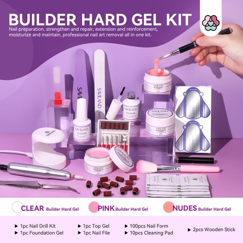 SAVILAND Builder Nail Gel Set with Nail Drill - 3 Pcs Hard Gel(VE&VB5&Kerain) Clear Pink Nudes Builder Nail Gel with Lamp Nail Brush Nail Strengthener Gel for Nail Extension Shaping DIY at Home Salon