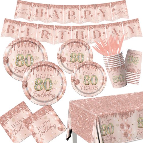80th Birthday Decorations for Women,142pcs Rose Gold 80th Birthday Decorations Tableware Set 80th Birthday Plates and Napkins Cups Tablecloth for Cheer To 80 Years Decor