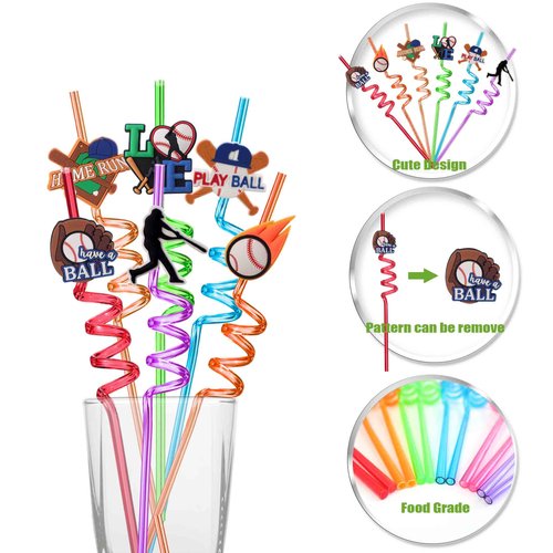 24pcs Baseball Reusable Drinking Plastic Straws for Baseball Party Favors Gift Bags Perfect for Kids Baseball Theme Birthday Party Supplies, Sports Baseball Party Favors with 2 Cleaning Brushes