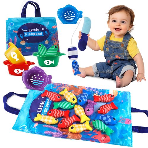 Montessori Cloth Fish Toys for Babies 6-12 Months, 22 pcs Fishing Game for Toddlers 1-3 with Stacking Cups, Learning Counting, Color Sorting, Sensory Educational Toy Gift for 1 2 Year Old Boys Girls