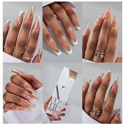 BTArtbox XCOATTIPS French Tip Nails - 5 Styles Long Square Press on Nails, Pre-Designed Swirl Nail Tips, Ultra Fit Soft Gel Nails False Nails, Soak Off Acrylic Fake Nails Extensions for Nail Art DIY