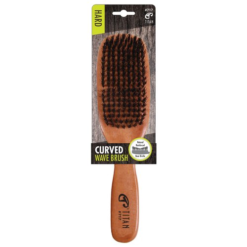 Titan Hard Curved Wave Brush For Men All Hair Textures – 1pc, Natural Boar Bristles Wooden Handle, Wooden Hair Brush