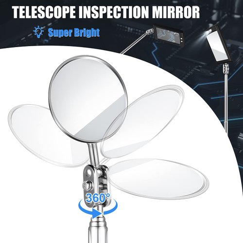 4 Pieces Telescoping Inspection Mirror Telescoping LED Lighted Flexible Inspection Mirror Round Mirror Square Mirror Inspection Tool for Checking Observing Vehicle Small Part (Elegant Style)
