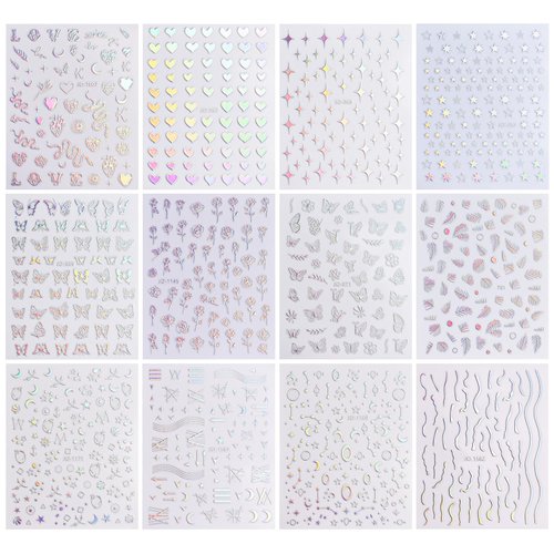 12 Sheet Aurora Nail Art Stickers Silver 3D Self-Adhesive Nail Decals Star Heart Snake Nail Stickers Line Flower Butterfly Holographic Designs Nail Supplies for Acrylic Nail DIY Decoration for Women