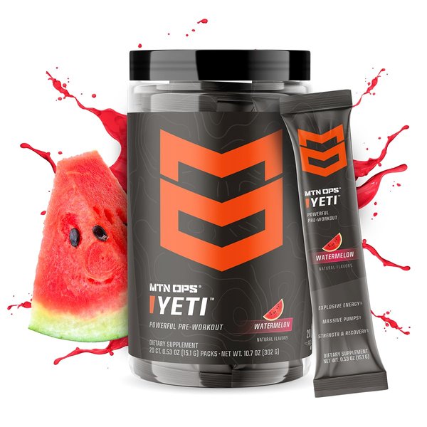 MTN OPS Yeti Trail Packs Pre-Workout Powder Energy Drink with Creatine, 200mg Caffeine & BCAAs with Beta Alanine, 20-Single Servings, Watermelon