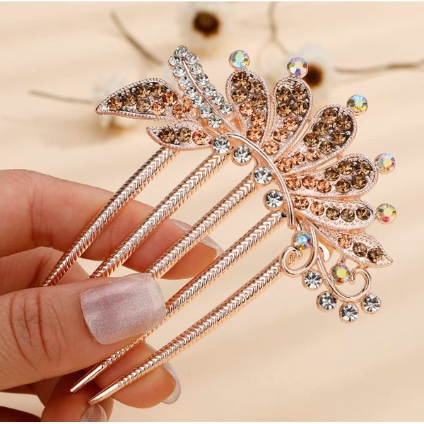Missgrace Boho Prom Party Flower Floral Hair Combs Blue Pink Purple Bridal Wedding Shiny Hair Comb Crystal Rhinestones Women Hair Side Combs Hair Accessories for Women (Champagne)
