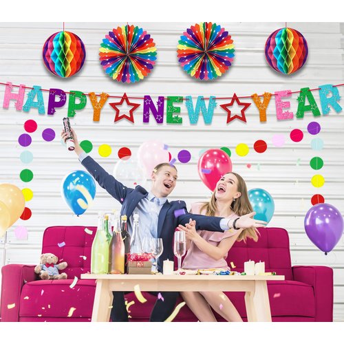 New Years Decorations 2025, Rainbow Glitter Happy New Year Banner Backdrop New Years Eve Party Supplies 2025 with Honeycomb Balls Paper Fans Paper Happy New Year Sign New Years Party Supplies Favors