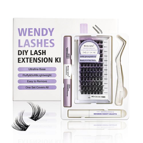 WENDY Lash Extension Kit Lash Clusters Kit D Curl Cluster Lashes Individual Lashes with Waterproof Lash Bond and Seal Lash Glue Remover Eyelash Clusters Tweezers Use at Home(Hybrid D Kit,8-16mm)