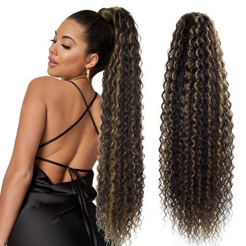 Fashion lcon 30 inch Long Drawstring Ponytail Extensions Highlights Clip in curly Ponytail Hair Extensions Dark Brown Mix Blonde Synthetic Long Drawstring ponytail for Women Blonde(#P4/27)