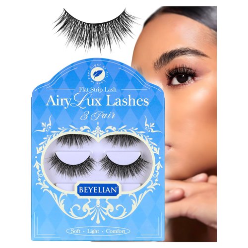 BEYELIAN False Eyelashes Airy Lux, Black Full Volume 8-15mm Ultra Lightweight and Soft Wispy Strip Flat Lashes, Natural Doll Eye Fake Lashes, Reusable, Easy to Apply, 3 Pairs