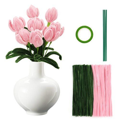 Nfvjfxz 200PCS Tulip Pipe Cleaners Set for Craft 12 Inch Green and Pink Cleaners Chenille Stems Flower Supplies Fuzzy Sticks with Floral Wires and Gardening Tape for Tulip Making DIY for Gift Decor