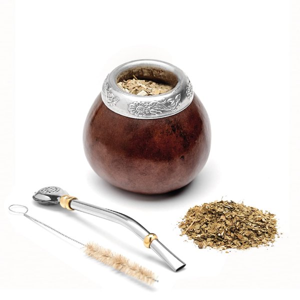 Balibetov Yerba Mate Gourd Set (Original Natural Handmade Yerba Mate Cup Argentina) - Includes Mate Tea Cup, Bombilla (Yerba Mate Straw) and Clean Brush (Brown)