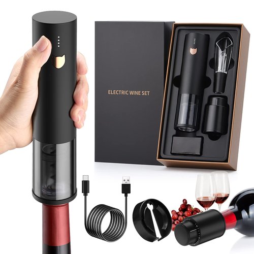 Electric Wine Opener-Wine Gifts-Automatic Wine Opener Rechargeable-Cordless Electric Corkscrew-Wine Bottle Opener with Foil Cutter, 2 in 1 Aerator Pourer, Vacuum Stopper, Gift Box