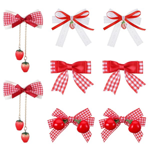 8PCS Strawberry Hair Clips Cherry Cute Artificial Fruit Alligator Hair Clip, Flower Ponytail Hair Barrettes, Lace Hair Bows Plaid Y2k Accessories for Teen Girls and Women, Hair Decoration, Christmas